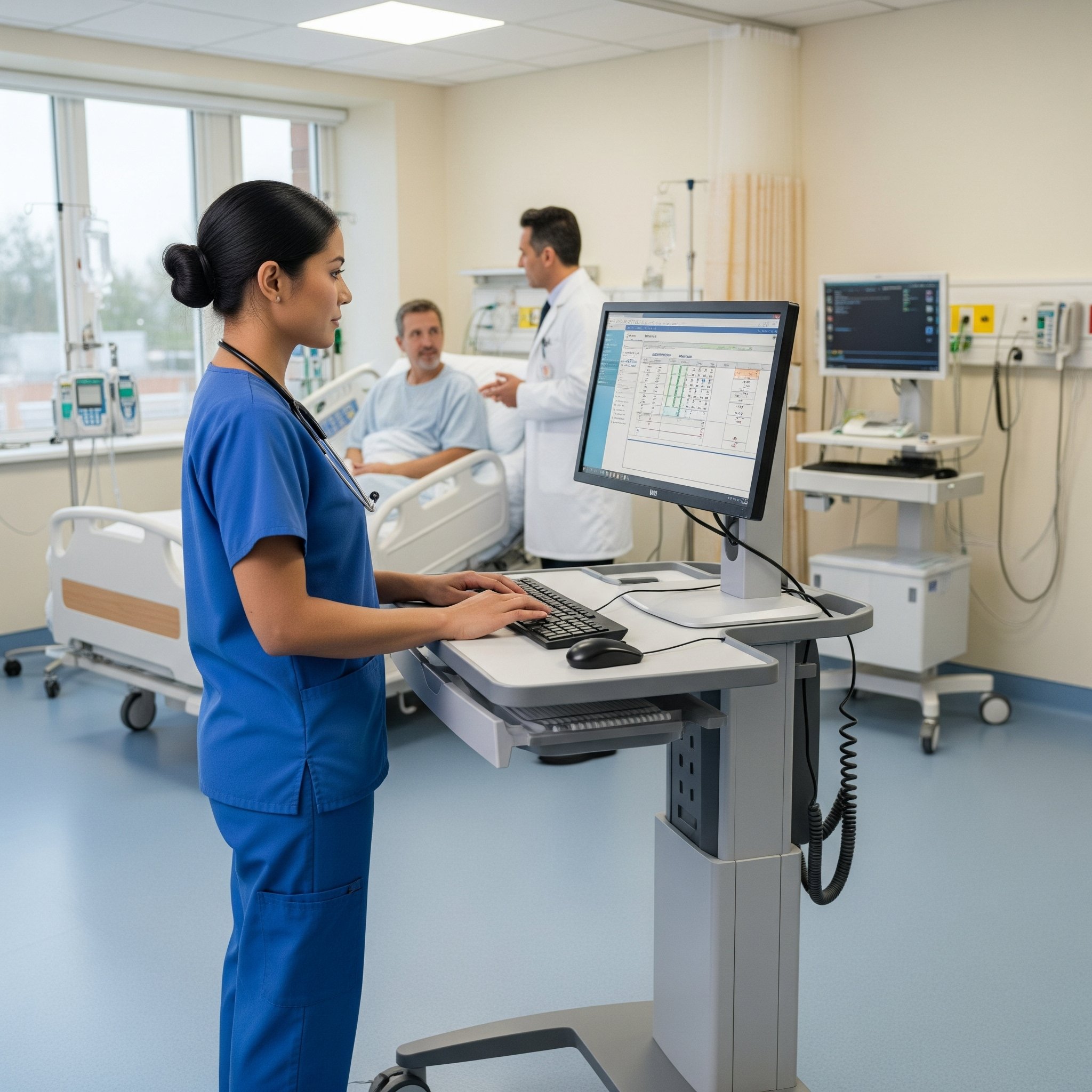 A hospital scene showing a nurse in scrubs working at a mobile computer workstation on wheels (COW) in the foreground. She is typing on a keyboard while looking at a monitor displaying patient information. In the background, a doctor is speaking with a patient sitting up in a hospital bed, with medical equipment and a clinical setting visible.