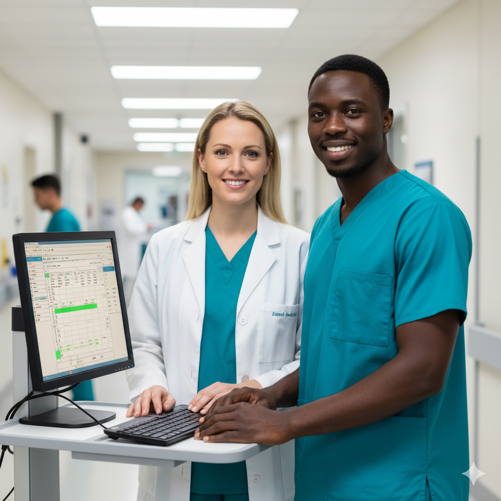 Two healthcare professionals caught mid-laugh at a shared workstation in a clinical hallway, monitor showing blurred EHR interface.