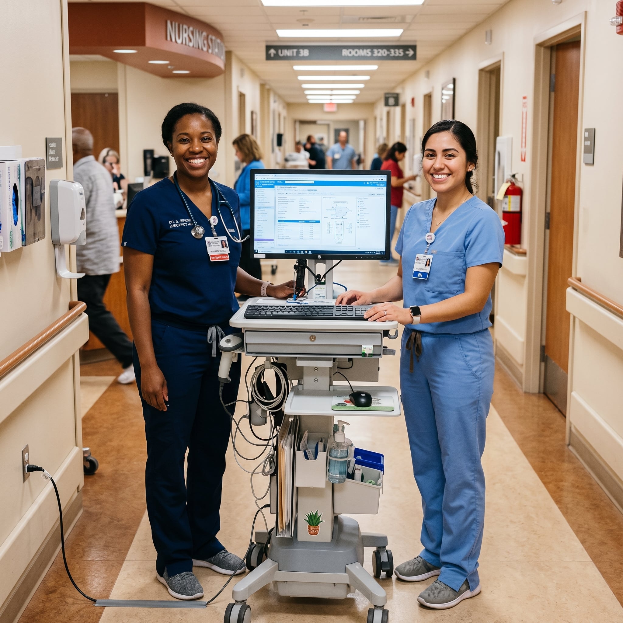 Two clinicians standing next to a shared workstation smiling,