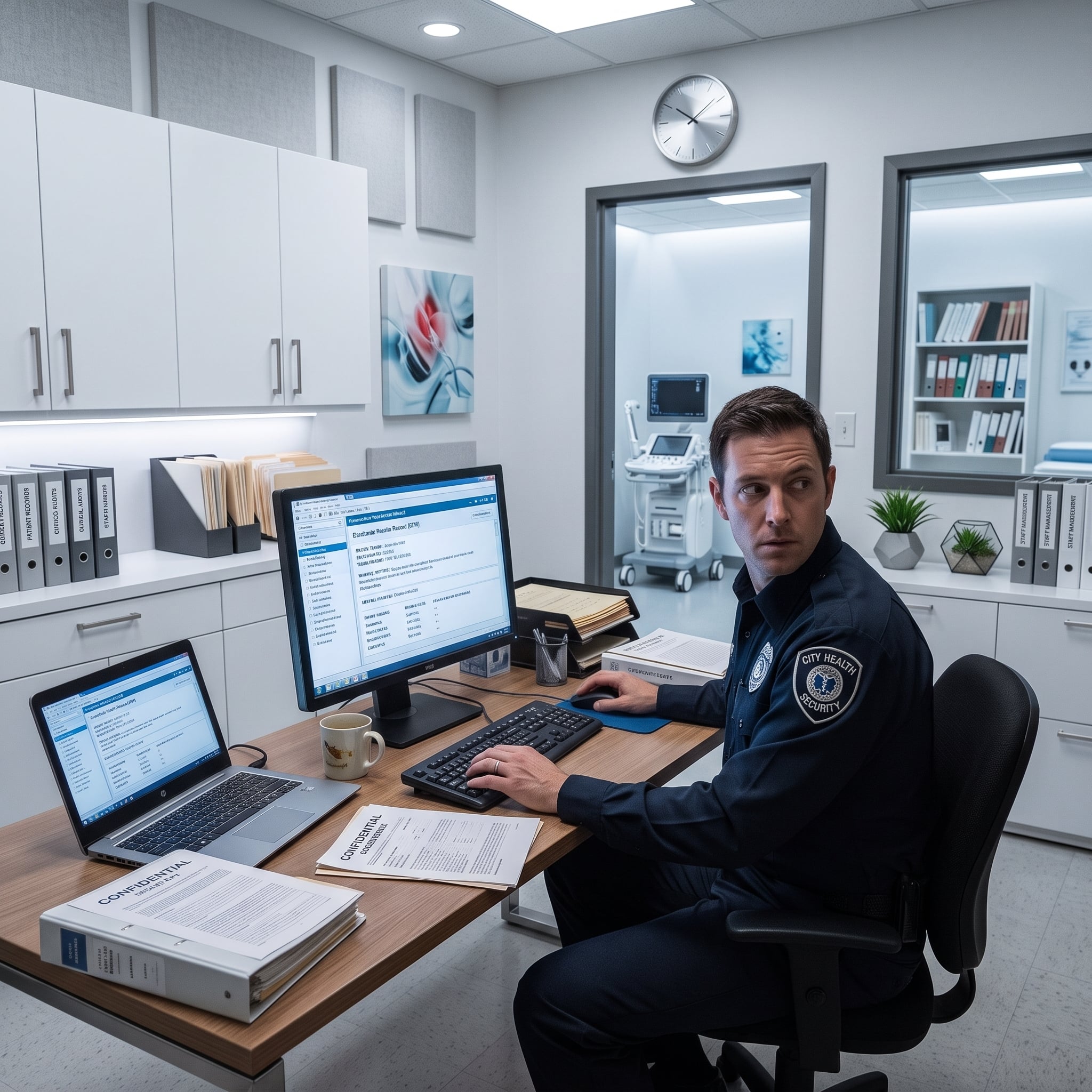 A security guard accessing patient records.