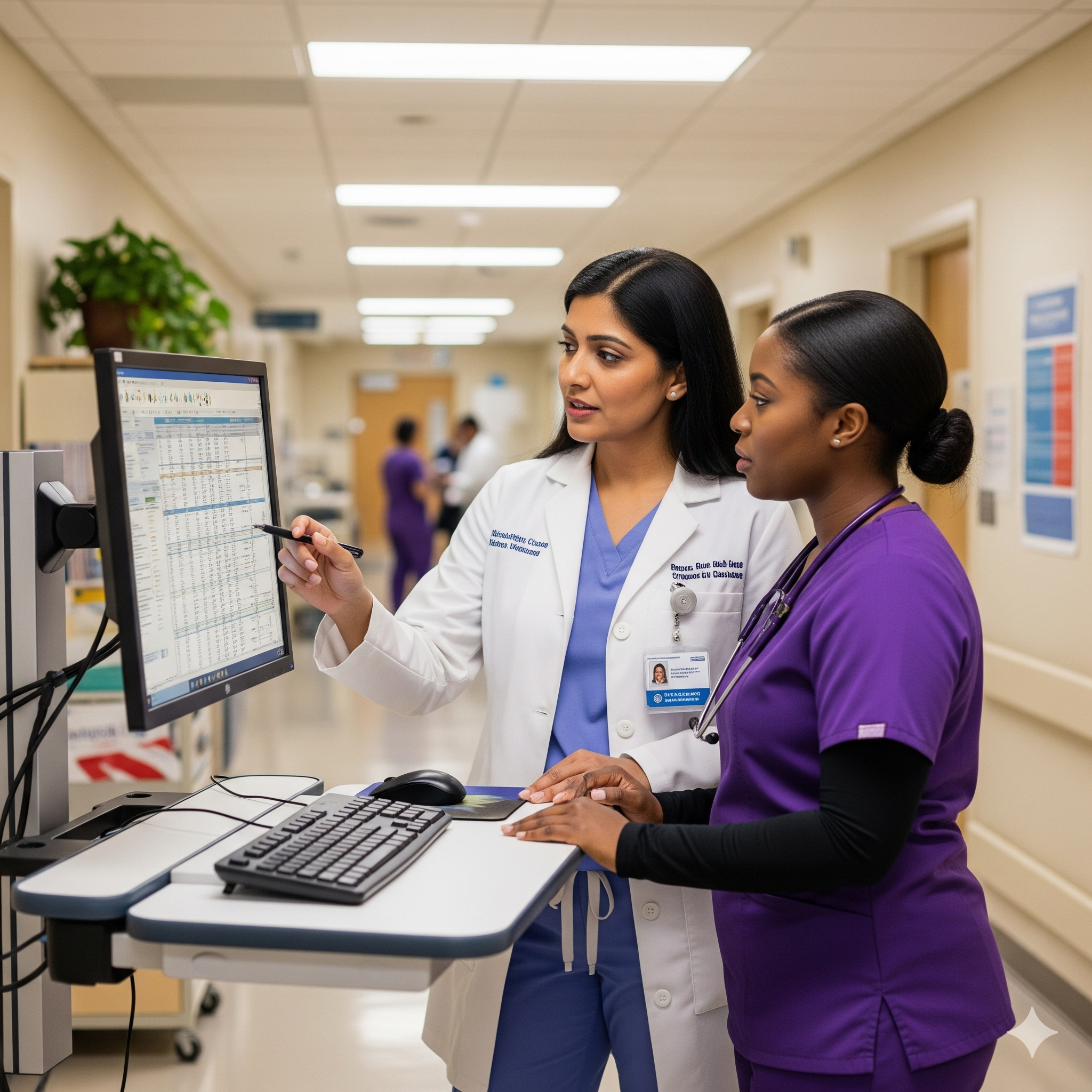 Two clinicians, a doctor in a white coat and a nurse in purple scrubs, collaborate at a shared workstation in a hospital hallway, reviewing patient charts on the screen, engaged in discussion with professional focus.