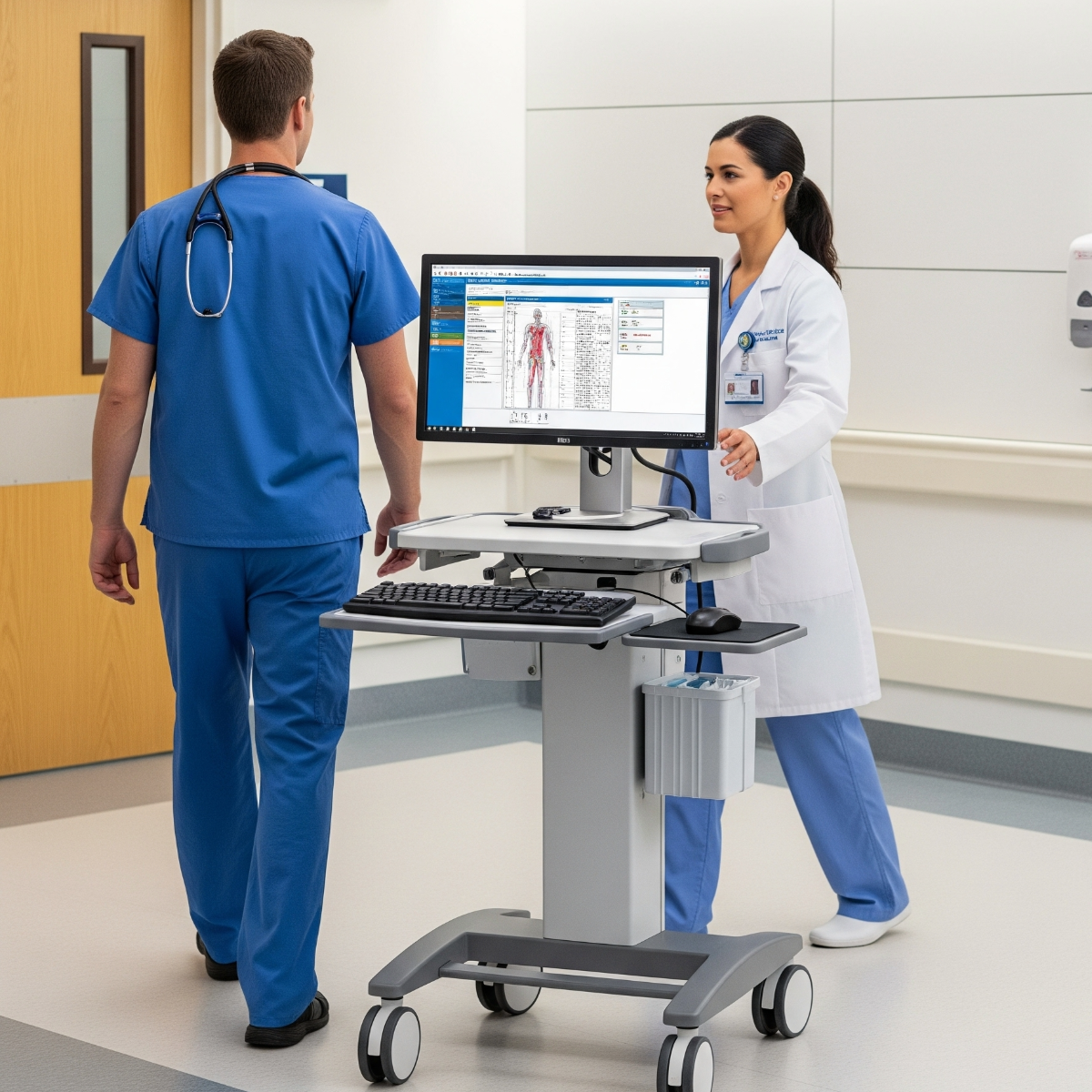 A hospital scene shows a nurse in scrubs walking away from a shared workstation, while another doctor approaches from behind to use it. There is a keyboard, a mouse, and a monitor that is displaying patient information. 