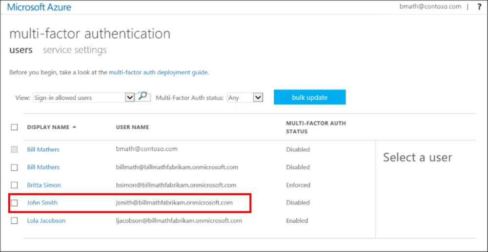 Microsoft Azure AD settings, where teams can enable MFA for specific users