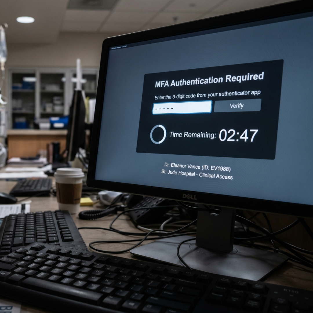 A hospital workstation sits unattended with an abandoned MFA prompt counting down on screen.