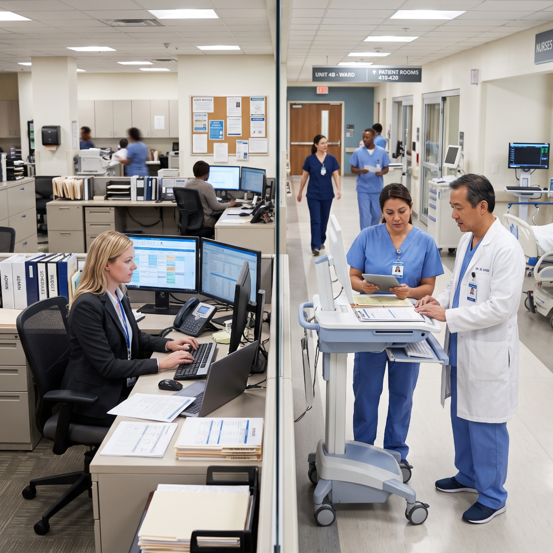A split image of a health systems to primary environments: administrative and clinical.