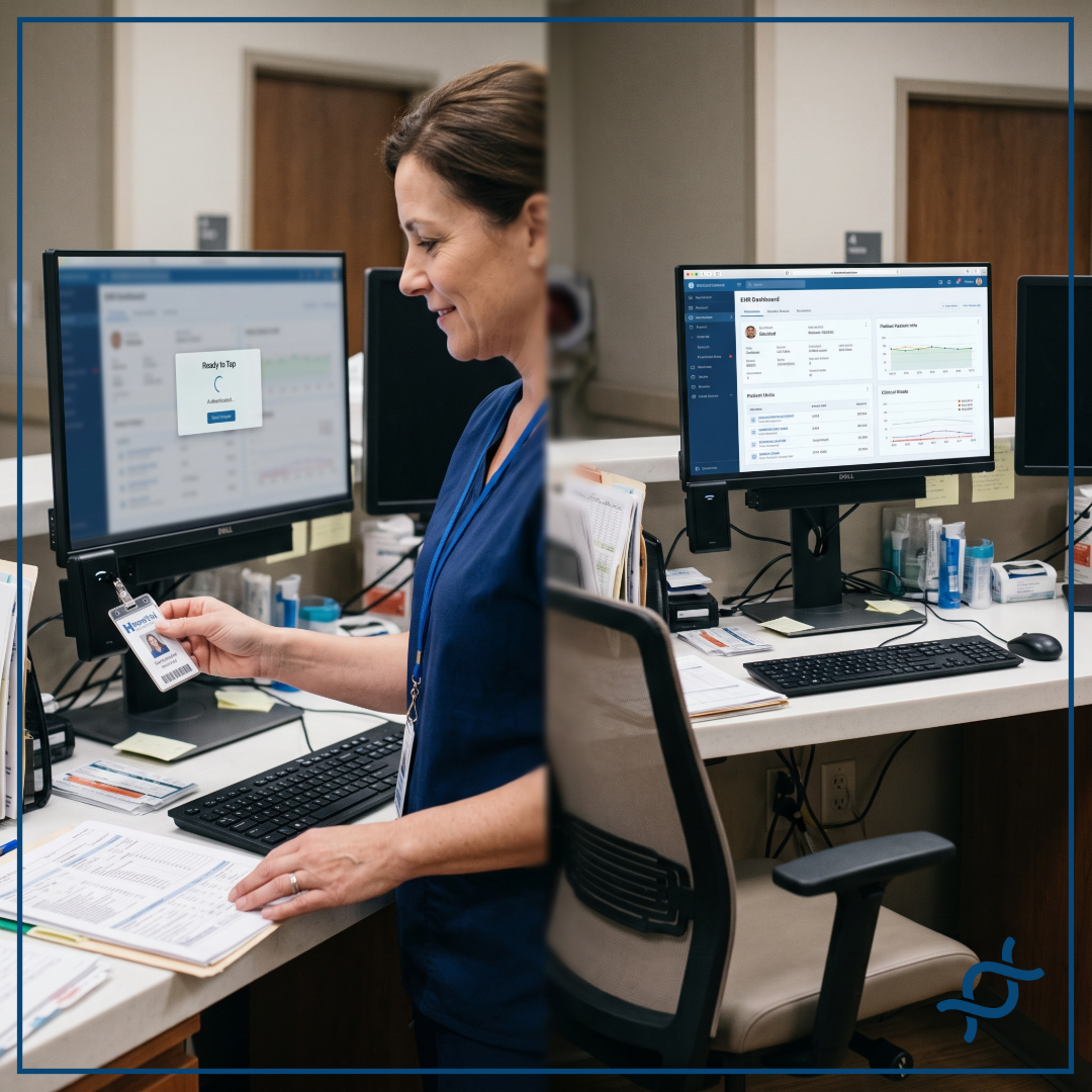 A clinician accessing a shared workstation with passwordless tap and go before leaving behind an abandoned open session. 