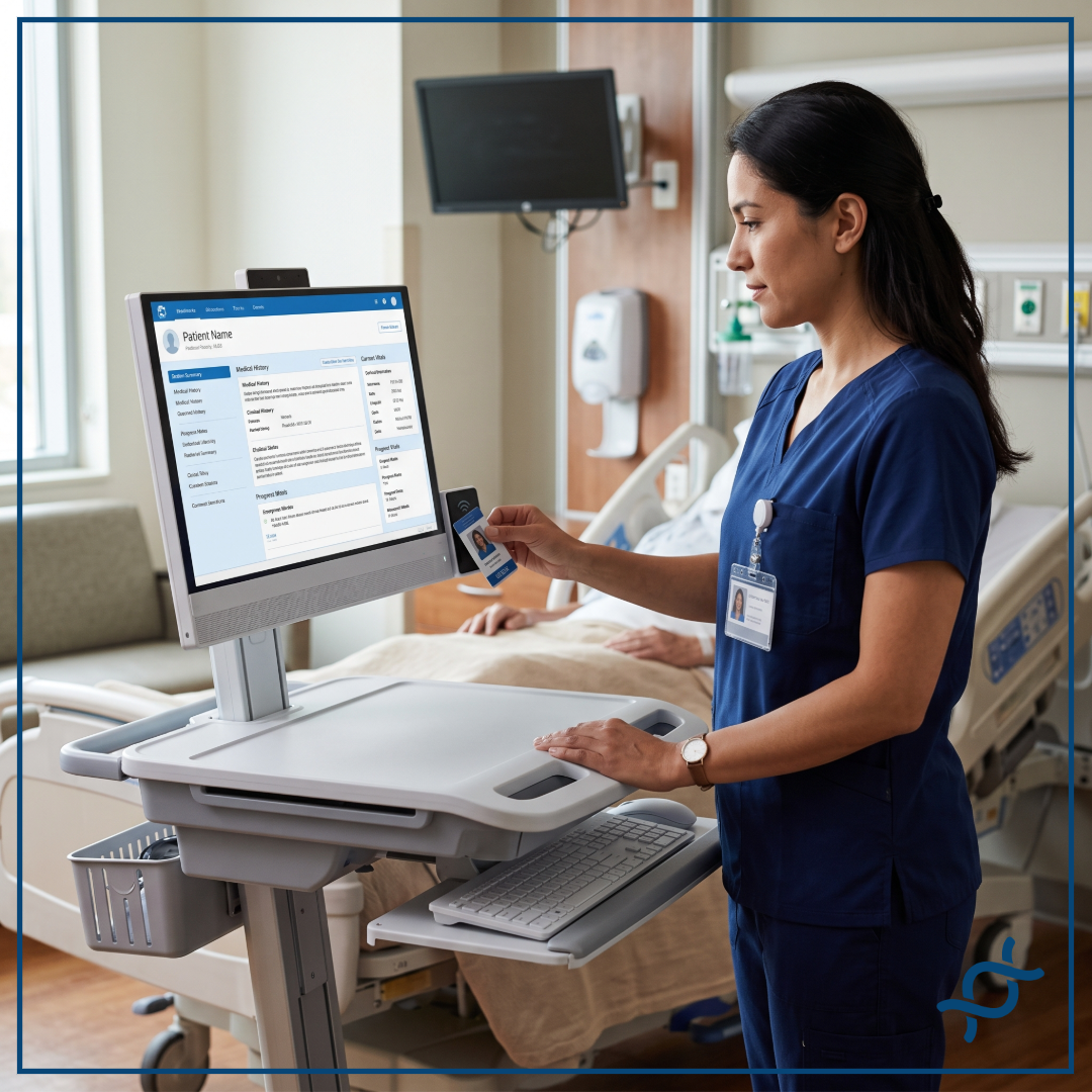 A clinician badge tapping into a shared workstation in a patient room.