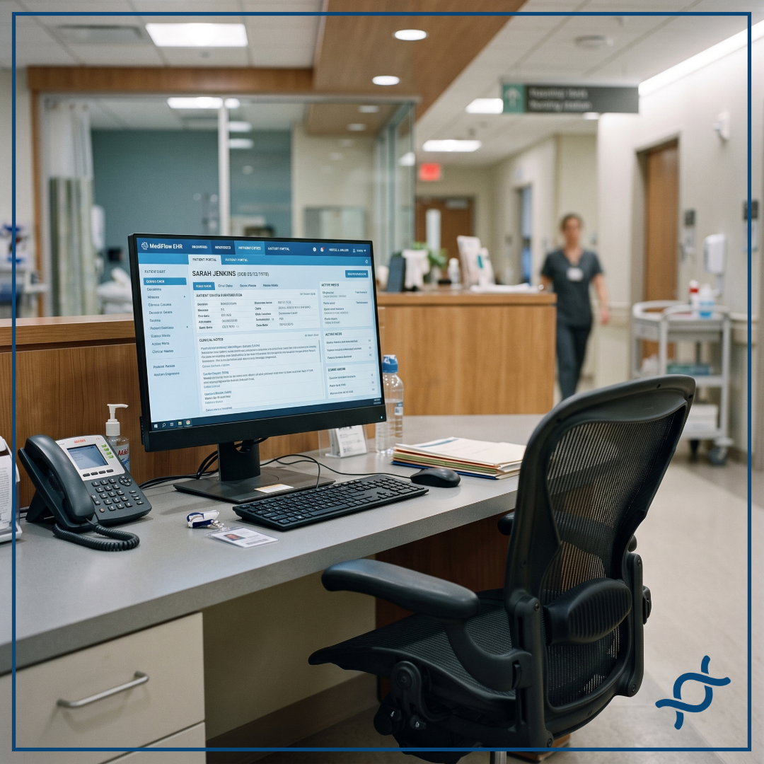 An abandoned open session at a shared workstation inside a busy hospital. 